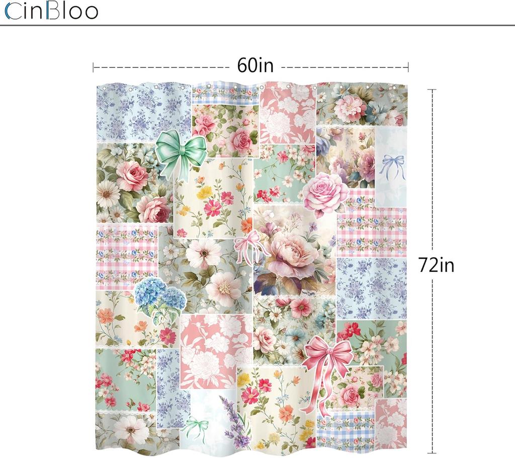 Tenda da Doccia Floreale Patchwork con Rose e Motivi Vintage Colori Pastello Stile Shabby Chic Decorazione Elegante per il Bagno Acqua