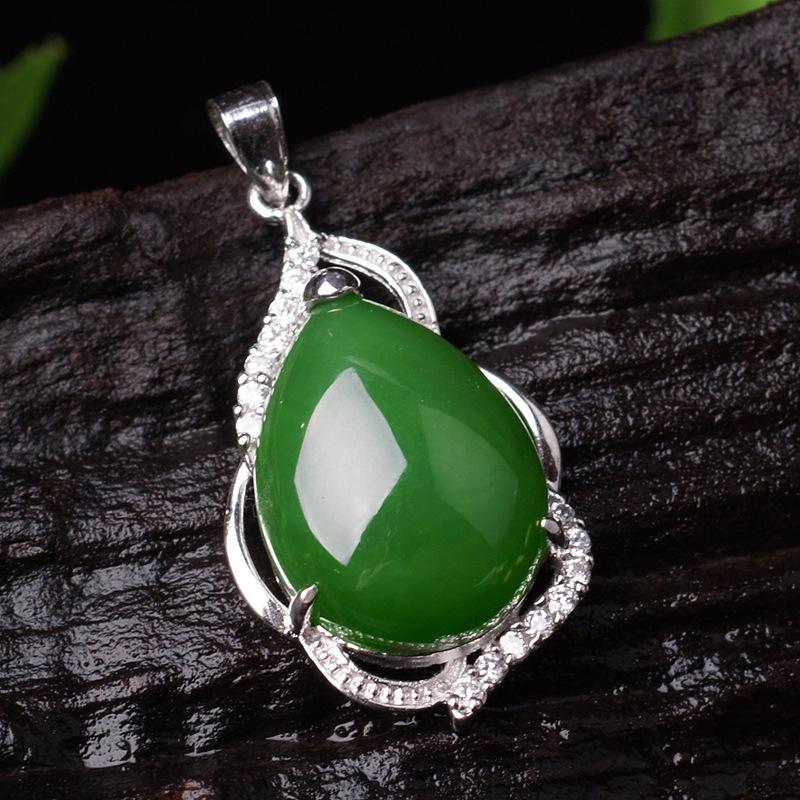 925 Sterling Silver Hetian Jade Water Drop Pendant Necklace with Certificate Jasper Style