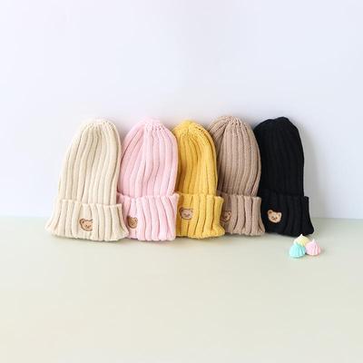 Embroidery Bear Baby Hat Autumn Winter Crochet Kids Girl Boy Beanie Cap Solid Color Knitted Warm Children Bonnet Hat