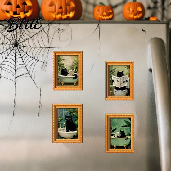 Vintage Style Cat Ornaments Black Wooden Refrigerator Magnet Halloween Theme Decorative Cute Pumpkin Magnet Set Magnetic Decal for Kitchen Cabinets