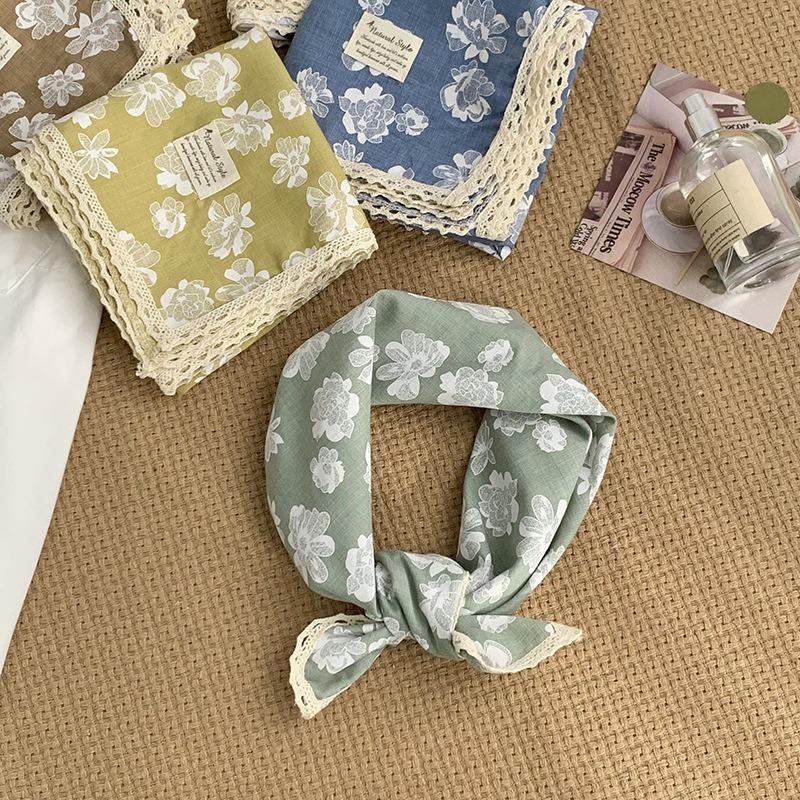 Headscarf Summer women's pastoral floral cotton and linen small square scarf small fresh high-grade lace headband silk scarf scarf