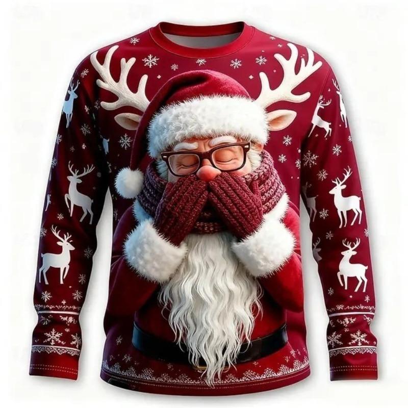 Christmas Men's Santa Claus Funny Long Sleeve T-shirt 3D Printed O-neck Tops Fashion Street Casual T-shirt