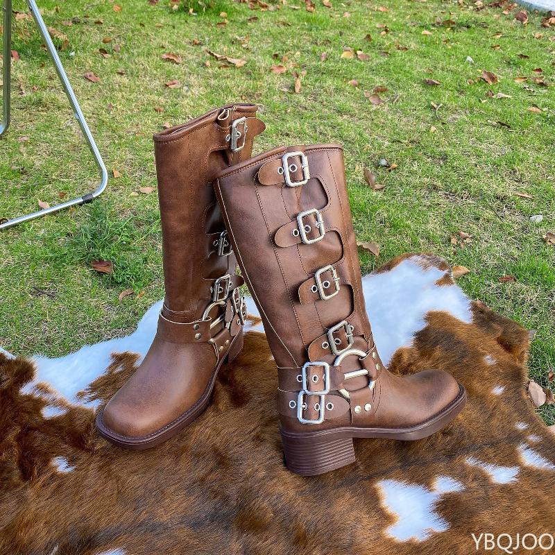 Fashion boots with belt buckle Spring Autumn new style thick heel increased height simple comfortable versatile women's boots