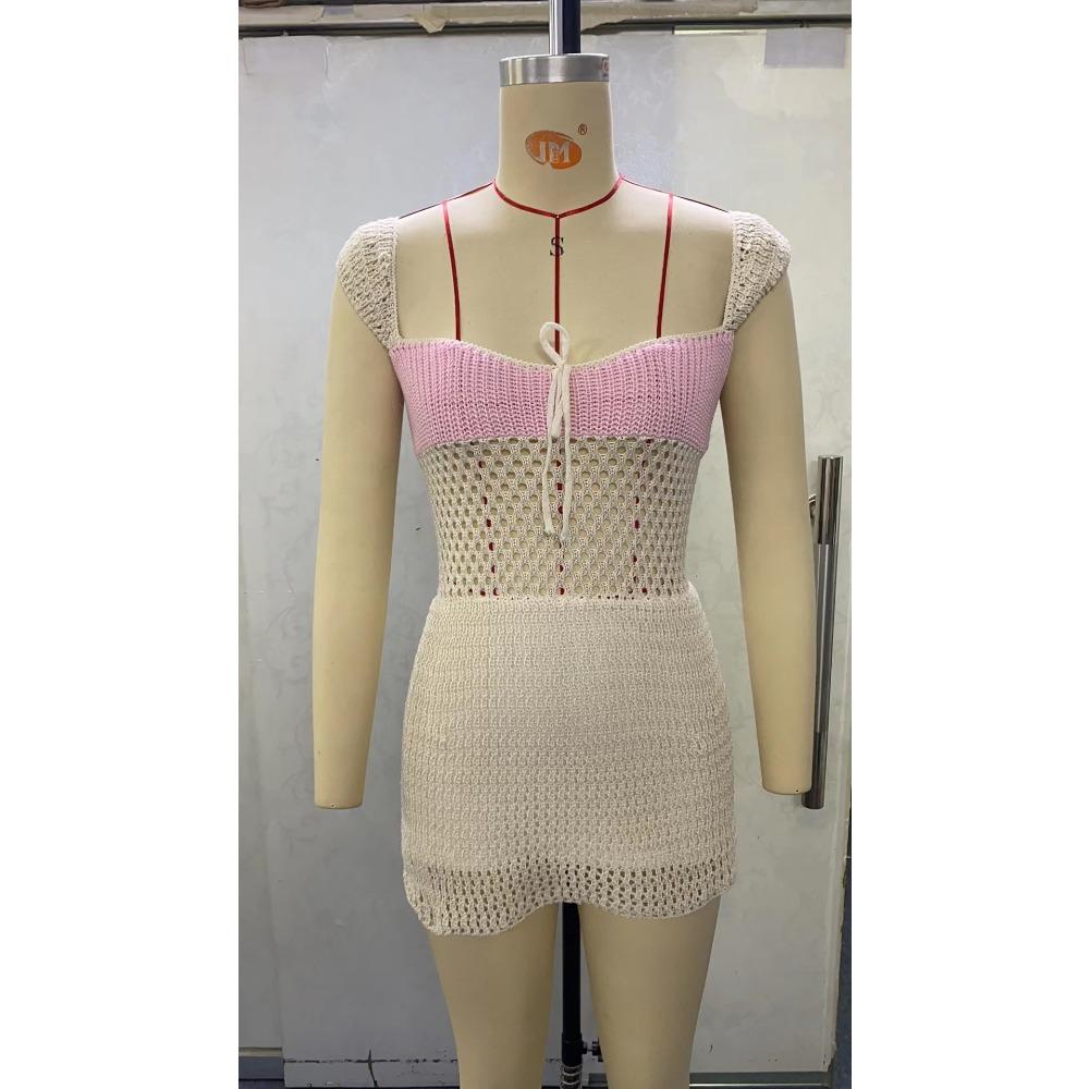Summer Women's Low Cut Vest Sexy Backless Strappy Knit Slim Hip Dresses