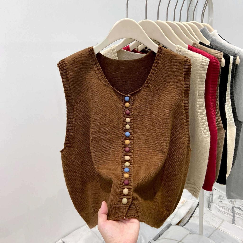 Korean, Rainbow, Single Breasted, Knitted Shoulder, Women's, Sweater, Stacked Cardigan, Vest