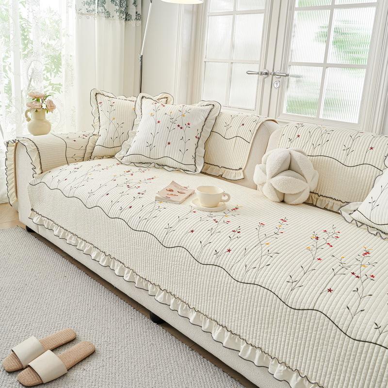 

Washable Cotton Flounce Splicing Sofa Slipcover Embroidered Floral Seat Cushion Pad Livingroom Home Decor Furniture Dust Cover 70x70cm 1pc
