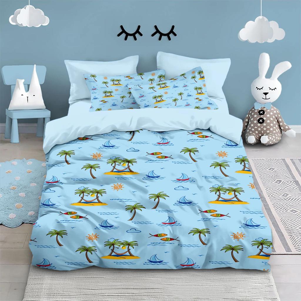 Voyage Series Duvet Cover Set Cartoon Ocean Sailboat Bedding Sets For Kids Bedroom Duvet Cover Pillow Case Single Double King