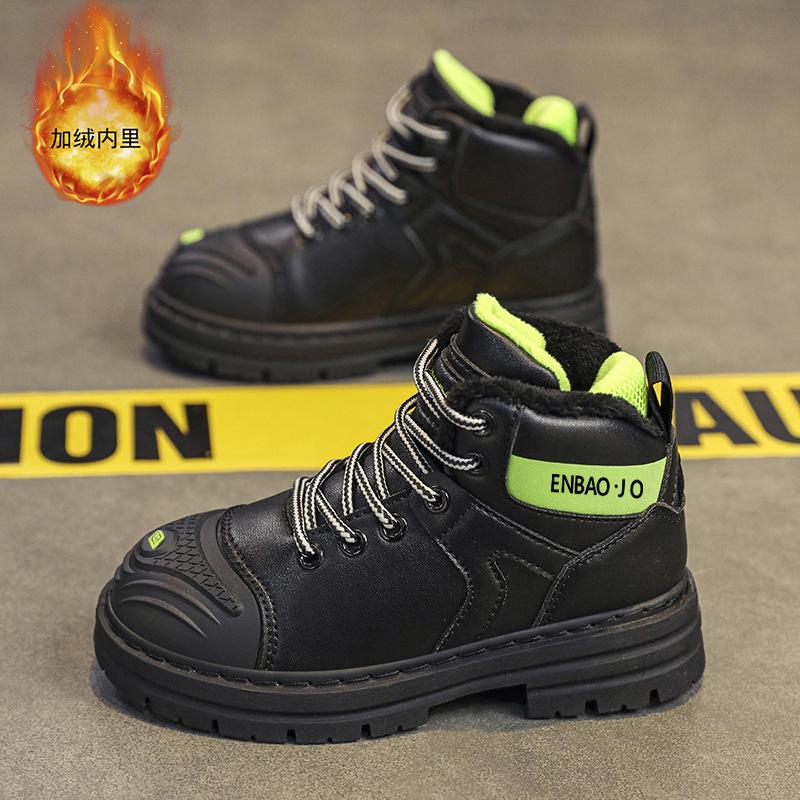 

Boys yellow boots fleece thermal cotton shoes winter new children and girls student Martin boots high-top casual snow boots 28 чёрный