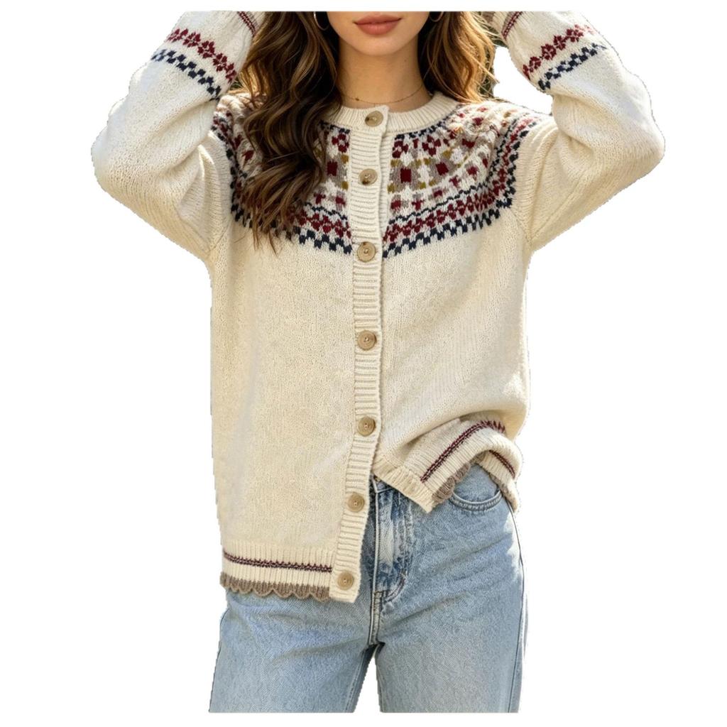 Women's Fair Isle Knit Cardigan - Autumn/Winter Soft Fluffy Sweater with Round Neck
