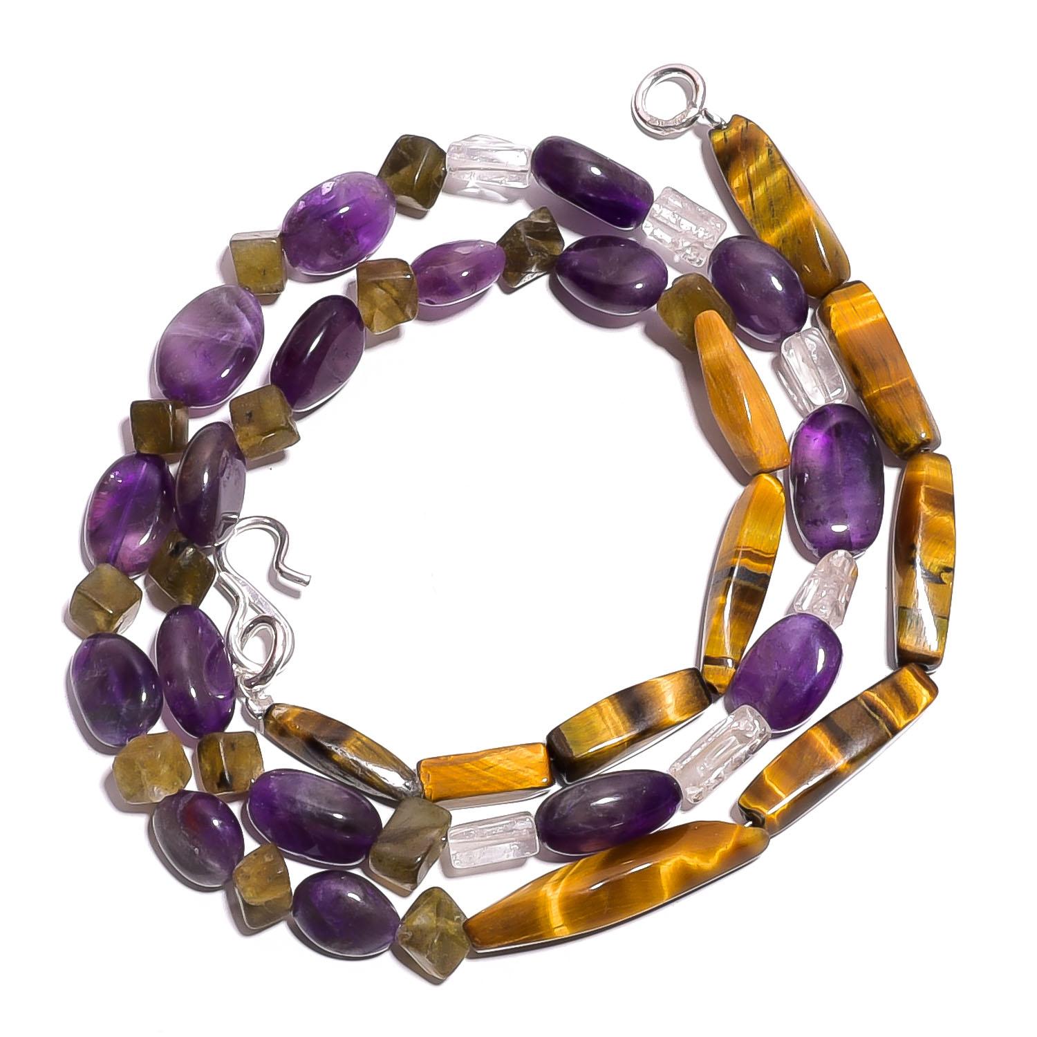 

Natural Tiger Eye Amethyst Labradorite Gemstone Smooth Beads Necklace 17 UB5058 UB-5058