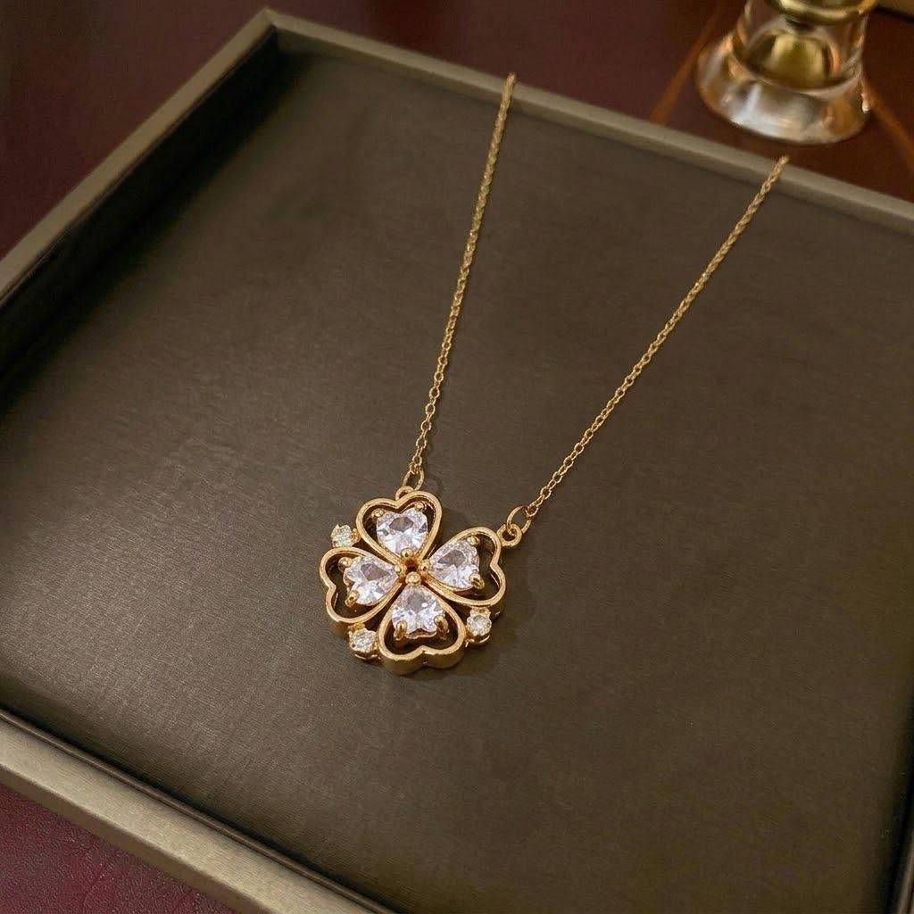 Women's Heart-Shaped Necklace with Four-Petal Flower, Cubic Zirconia, Titanium Steel Clavicle Chain - Elegant and Versatile Accessory