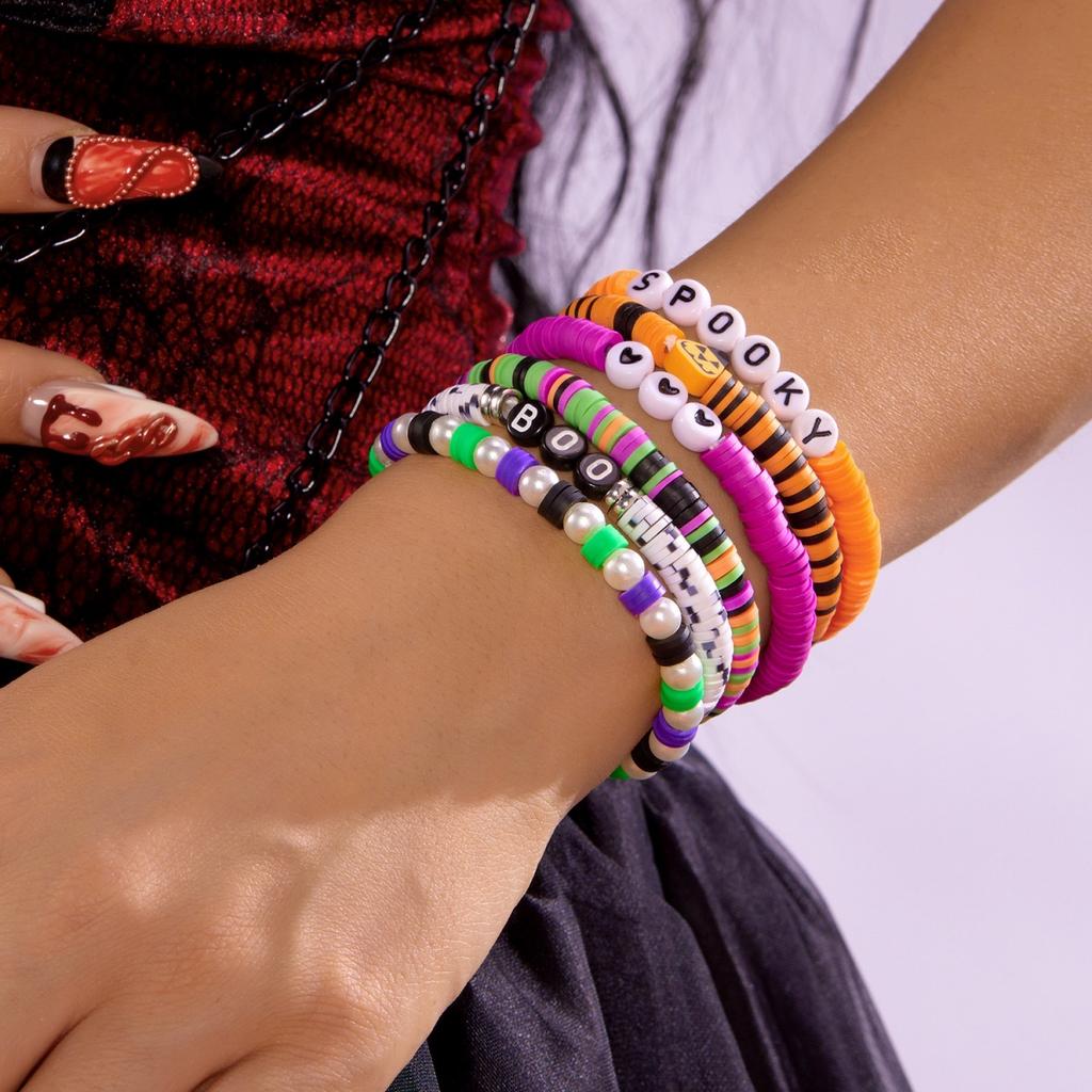 Halloween Charm Bracelet Skull Ghost Heart Pumpkin Bat Spider Crystal Beads Multilayer Soft Clay Boho Jewelry Gift For Women Men