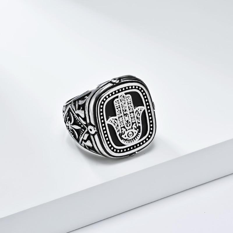 Westasiatischer und nordafrikanischer Vintage-Ring mit der Hand der Fatima aus Edelstahl für Herren, traditioneller Körperschutzschmuck, Punk-Stil, Hip-Hop-Fingerring