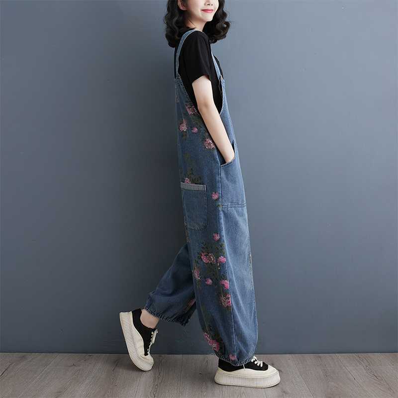 Spring and Summer Retro Western Style Loose Multi-bag Denim Overalls Drawstring Denim Jumpsuit Women