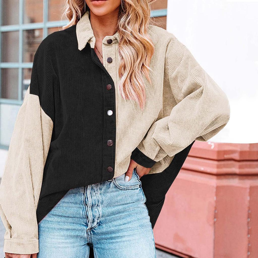 Women's Color Blocked Button Down Corduroy Shirt Long Sleeved Corduroy Jacket