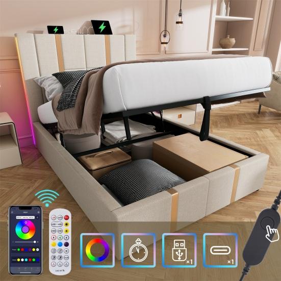 Double Bed Linen Cover Charging Function with Storage Space Mattress Headboard Soft App Control Strong Wood Slat Support Bedroom Furniture LED Light