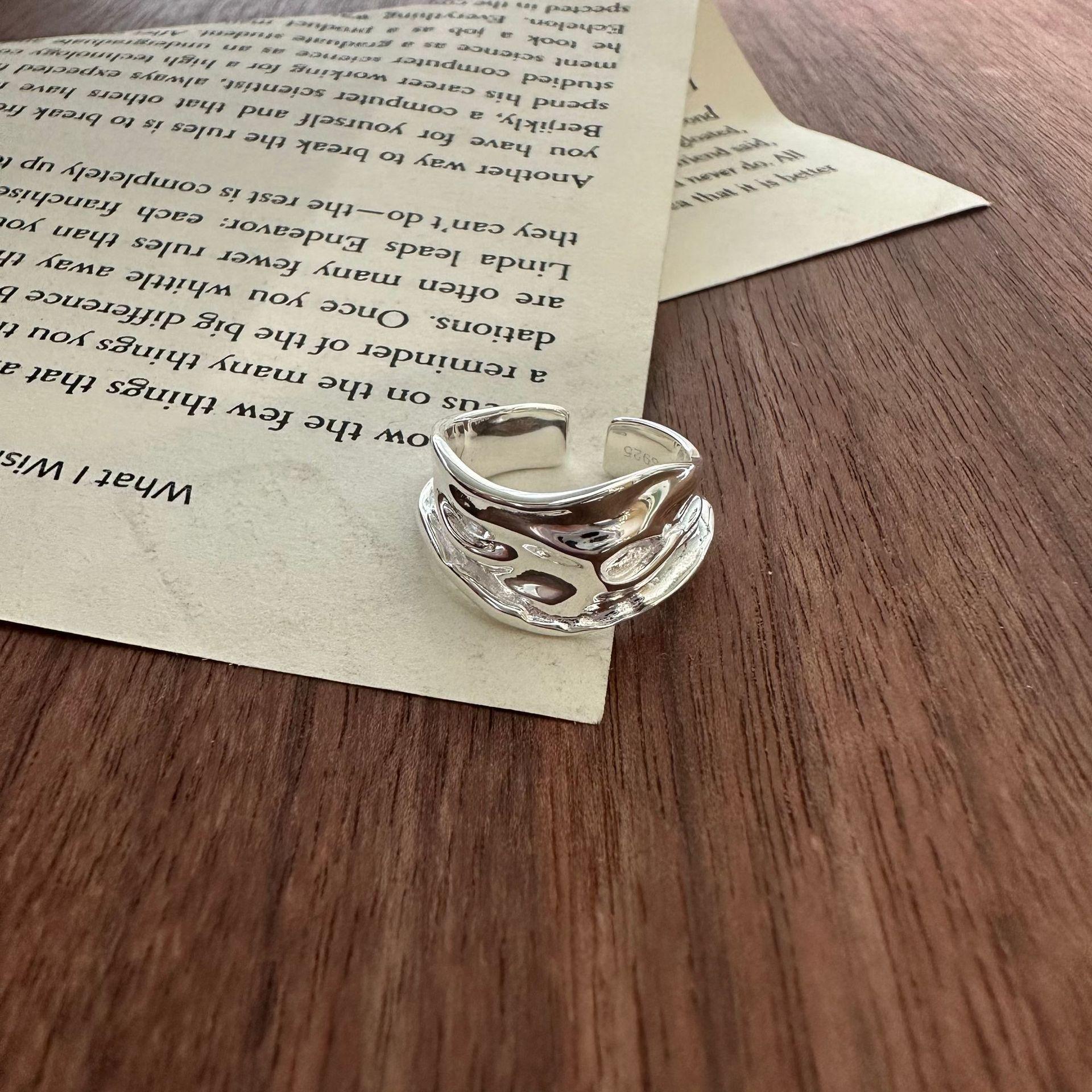 S925 Sterling Silver Geometric Texture Open Ring for Women - Adjustable, Simple, Cold Style Adjustable Open