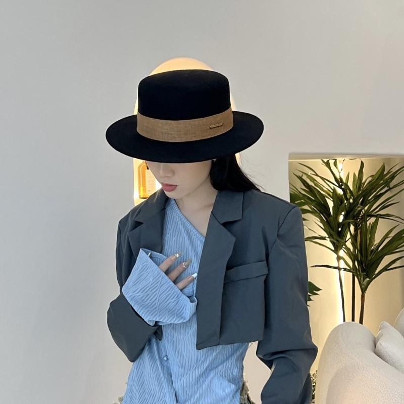French High-quality Black Woolen Top Hat British Retro Femininity Simple Flat Edge Flat Top Jazz Hat