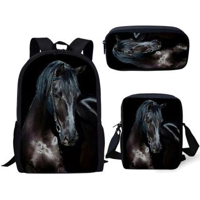 Grasland Pferdemuster dreiteiliges Rucksack-Federmäppchen-Umhängetaschen-Set lässig 3D-bedrucktes Rucksack-Set