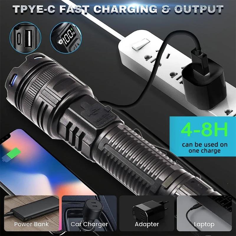 Powerful Spotlight Long Range LED Flashlight Type-C Charging Output Zoom Aluminum Alloy LED Torch For Camping hunting Lamp