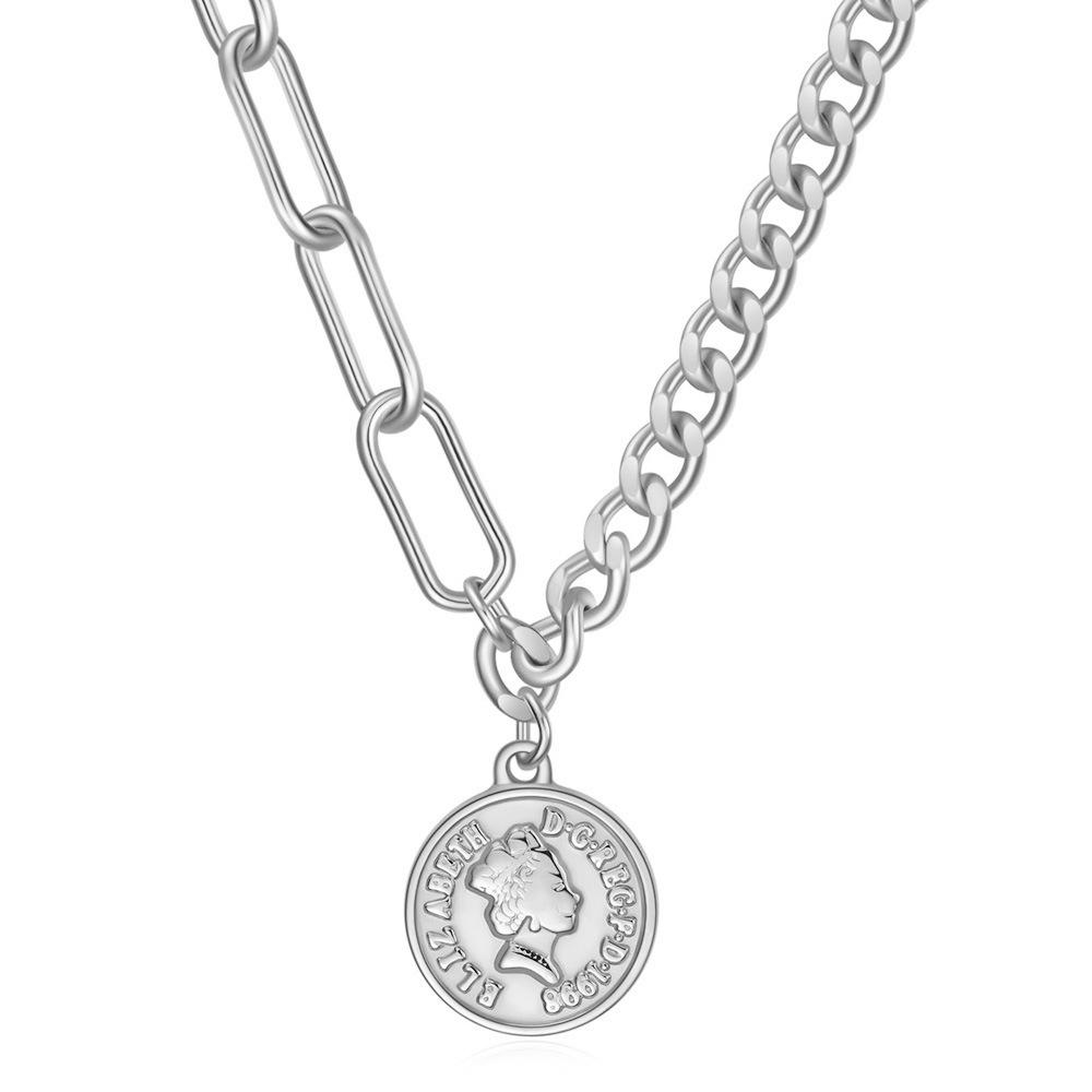 Elegant 7MM Round English Queen Coin Pendant Necklace with OT Buckle in Stainless Steel.