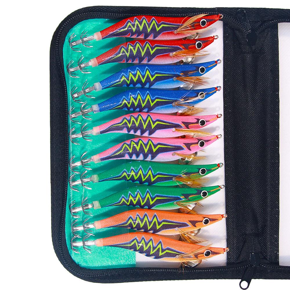 

10Pcs/lot 18.5G Luminous Squid Jigging Lure Hook Set Wooden Shrimp Octopus Cuttlefish Fishing Bait with Bag Eging Webfoot