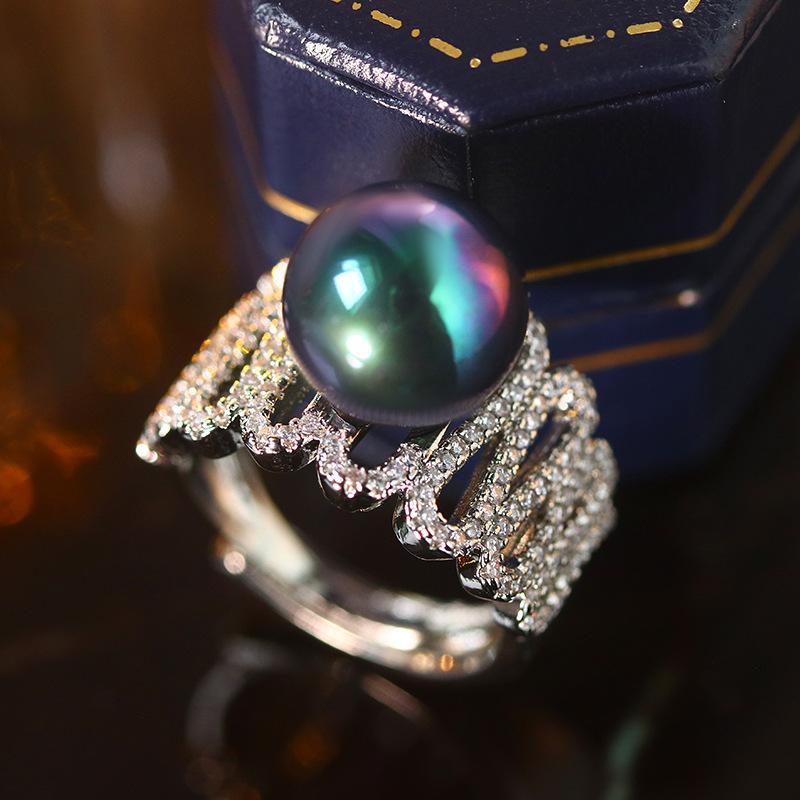New Hollow Zircon Purple-black Pearl Ring For Women Copper Fashion Jewelry Opening Ring Bridal Gift Women