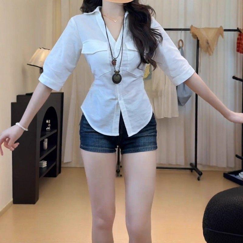 2025 Plus Size V-Neck Tie Waist Slimming Short Sleeve Women s Summer Top XXXL