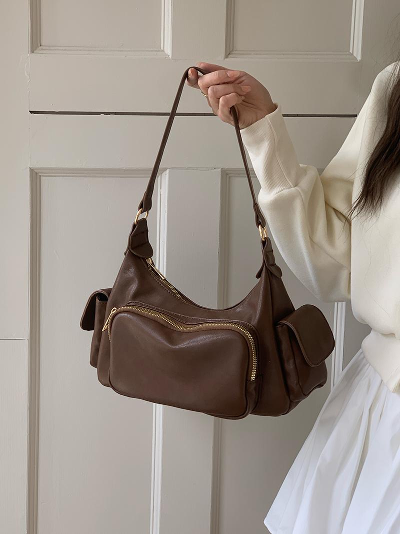 

Retro Commute Punk Style Women Shoulder Bags Casual Multi Pocket Ladies Crossbody Bag Solid Pu Leather Female Underarm Handbags кавовий