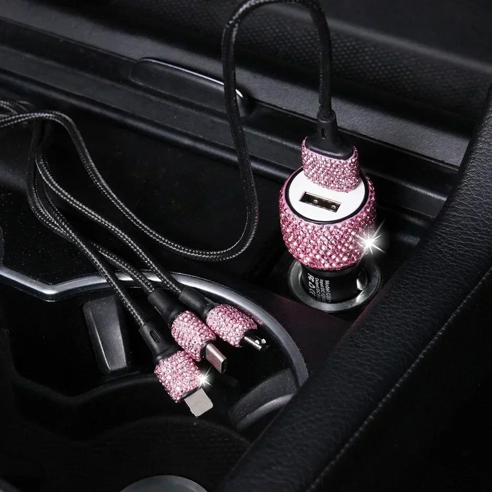 Dual USB Car Charger Bling Bling Handmade Rhinestones Crystal Decorations for Fast Charging Car Decors for IPhoneSamsung Amagi