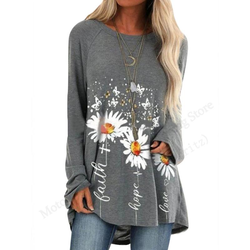 Spring and Autumn Round Neck Small Daisy Flower Pattern 3D Printed Top Fashionable Casual Long Sleeved Women's T-shirts