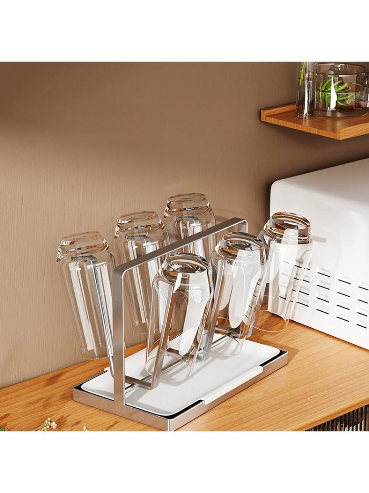 Stainless Steel Cup Holder With Water Tray Durable Anti-slip Glass Cups Stand Holder Household Dust-Proof Portable Cup Holder