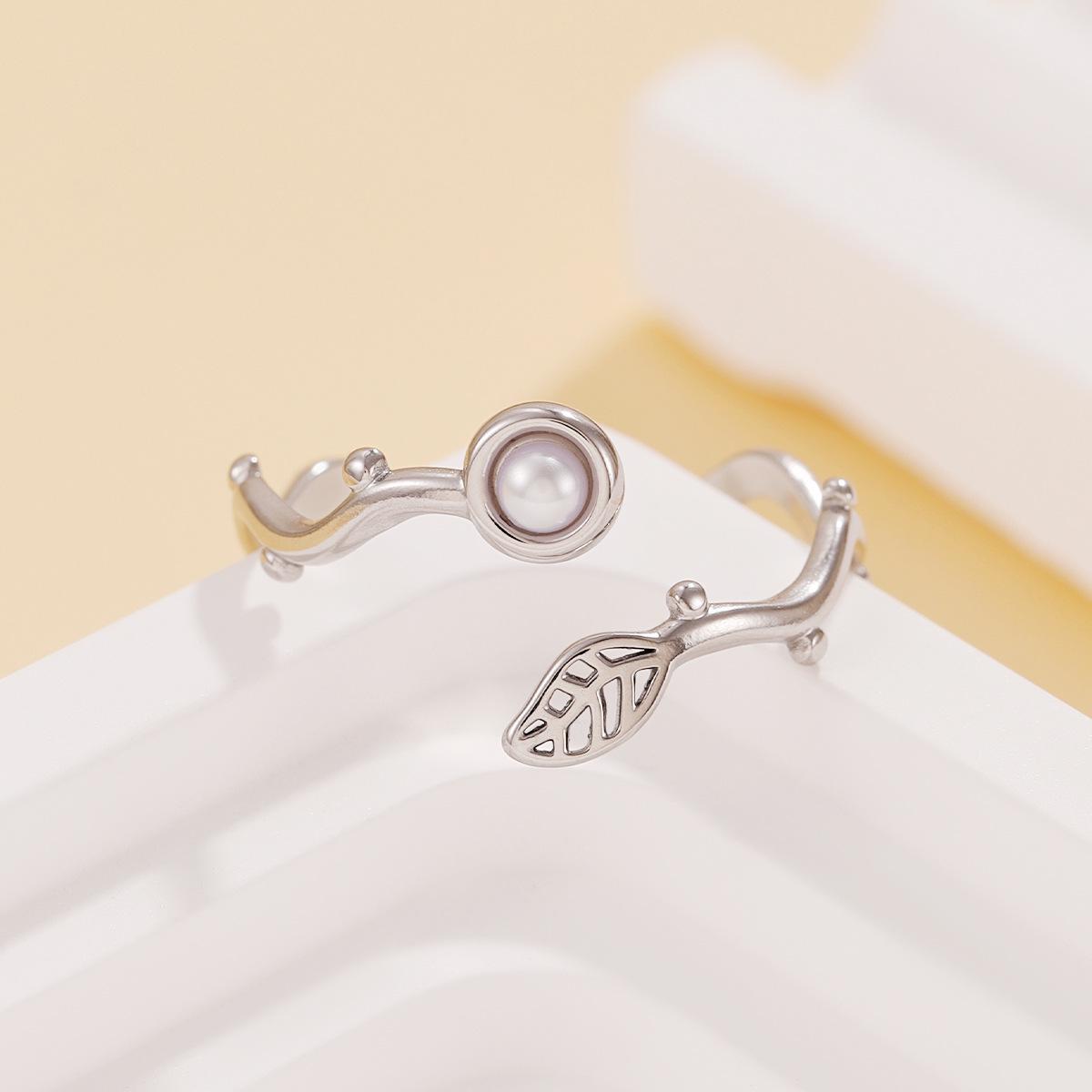 Fresh Fairy Style Pearl & Leaf Stainless Steel Open Ring for Women