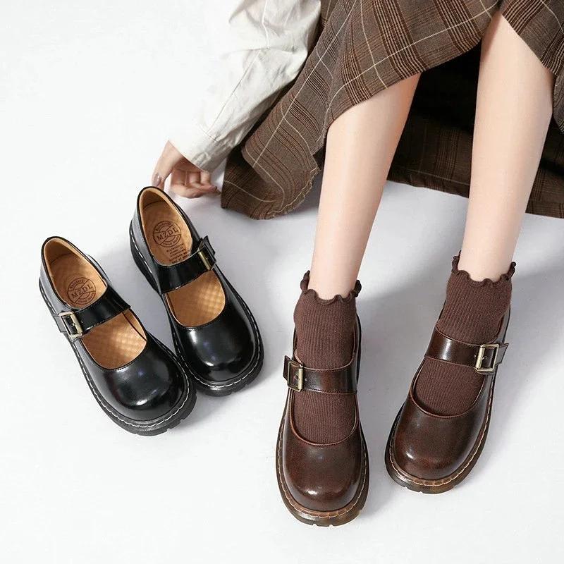 Chaussures Mary Janes à boucle vintage de style japonais pour femmes, chaussures décontractées en cuir à bouche peu profonde pour étudiantes, semelle épaisse
