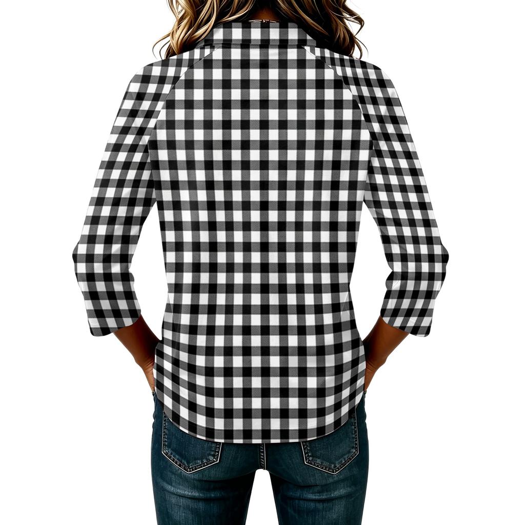Camicia Casual da Donna a Maniche 3/4 Patchwork Stampa a Quadri Bottoni Collo Camicia Vestibilità Comoda Top Leggero per l'Uso Quotidiano