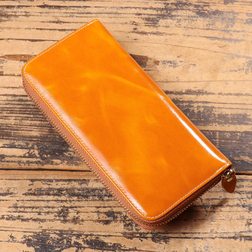 Women'S Leather Long Zipper Clutch Bag Oil Wax Leather Wallet Cowhide Change Bag Key Card Bag