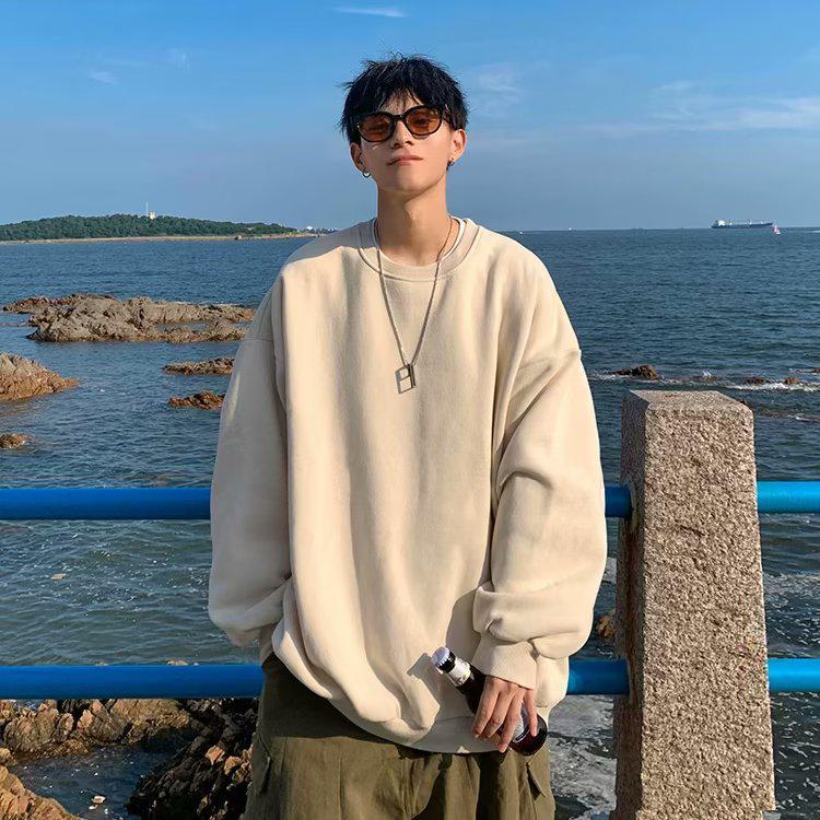 2024 Men’s Hong Kong-Style Solid Color Sweatshirt – Spring/Autumn, Loose Fit, Large Size, Round Neck, Trendy Korean Couple's Top
