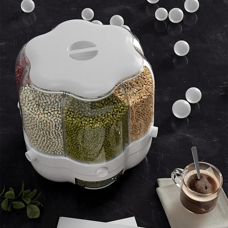 360 Degree Rotating Rice Dispenser Kitchen Storage Box Sealed Dry Cereal Grain Bucket Dispenser Moisture-proof Food Container