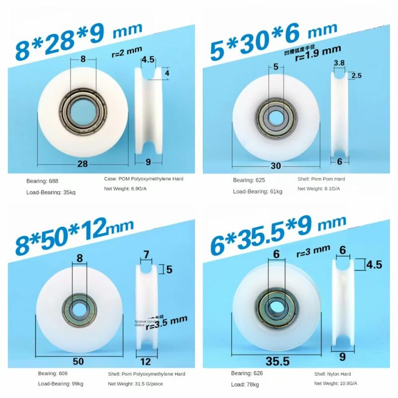 U-Grooved Pulley:6*35.5*9mm Nylon-Wrapped 626zz,85012mm POM,5306mm 625zz Wrapped,8289mm 688 Bearing - Engineering Plastic Wheel