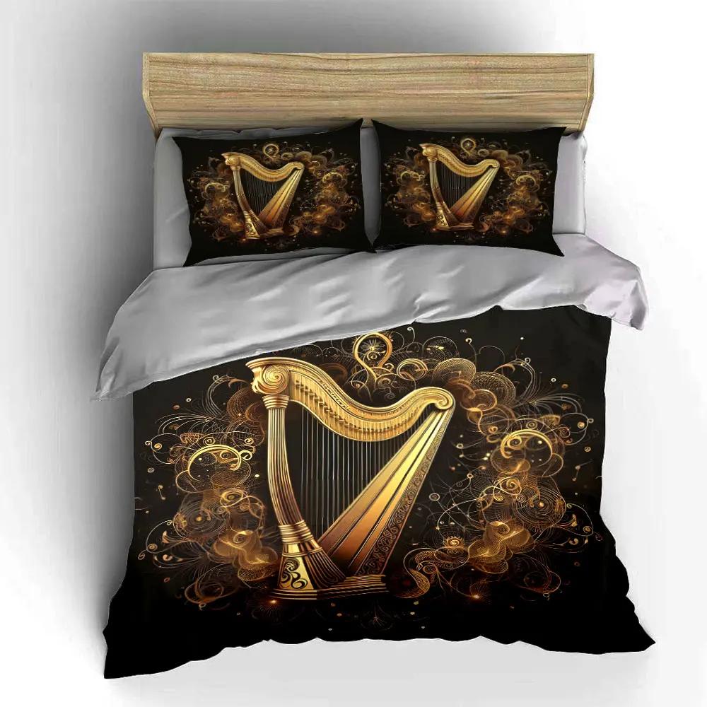"Elegant Golden Harp Trio Decor" Soft Comfortable Duvet Cover Bedding Set Included 1*Duvet Cover & 2*Pillowcases, gift
