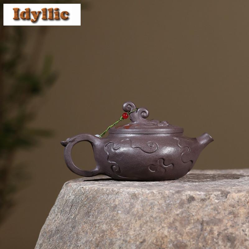 300ml Elegant Yixing Purple Clay Teapots Handmade Auspicious Beast Weekly Count Pot Raw Ore Azure Mud Kettle Zisha Tea Set Craft