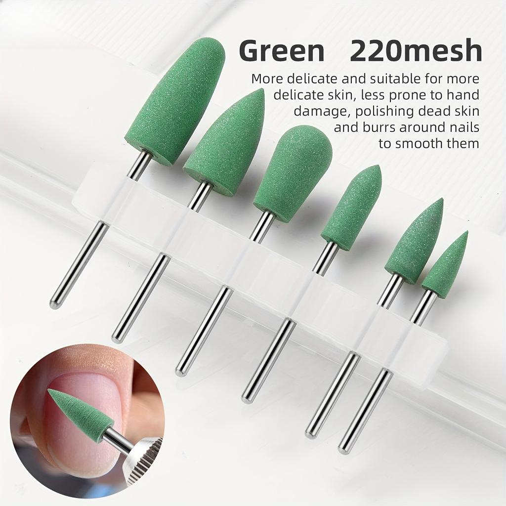 6-Pack Silicone Nail Drill and Polishing Bits for Acrylic Gel Nails, Triangular Tip Burr Remover with Grit Polish