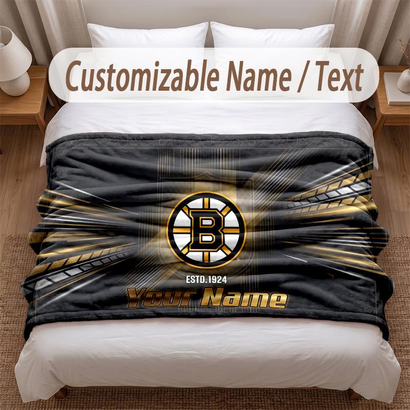 Boston Bruins Printed Flannel Blanket Custom Name Text Soft Warm Throw For Bedroom Holiday Gift