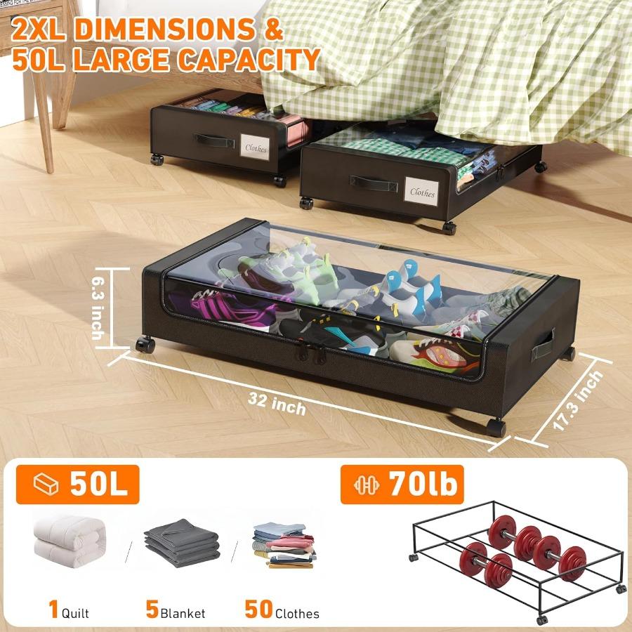 Under Bed Storage with Wheels Under Bed Storage Containers with Dividers Clear Lids 65L Under The Bed Storage Organizer Bins