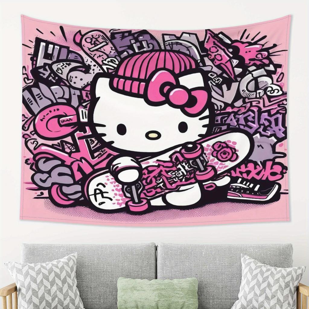 Kawaii Hello Kitty Pink Graffiti In Urban Streets Print Tapestry Bedroom Decoration Celebration Background Design Holiday Party