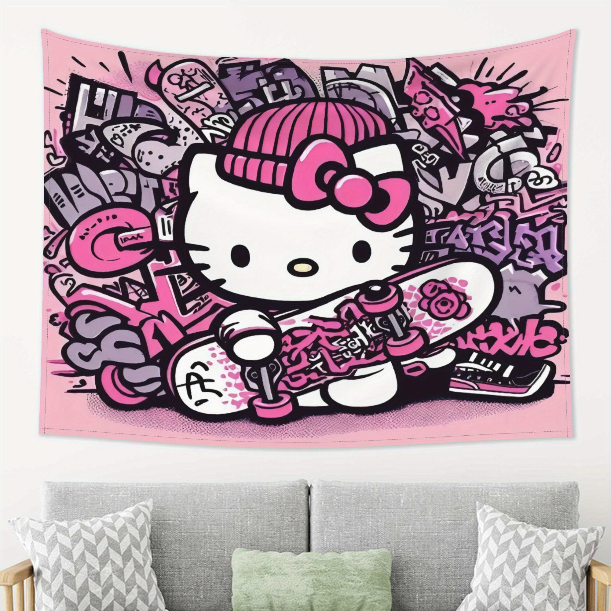 Kawaii Hello Kitty Pink graffiti in urban streets Print Tapestry Bedroom Decoration Celebration Background Design Holiday Party 74x94cm(29x37in)