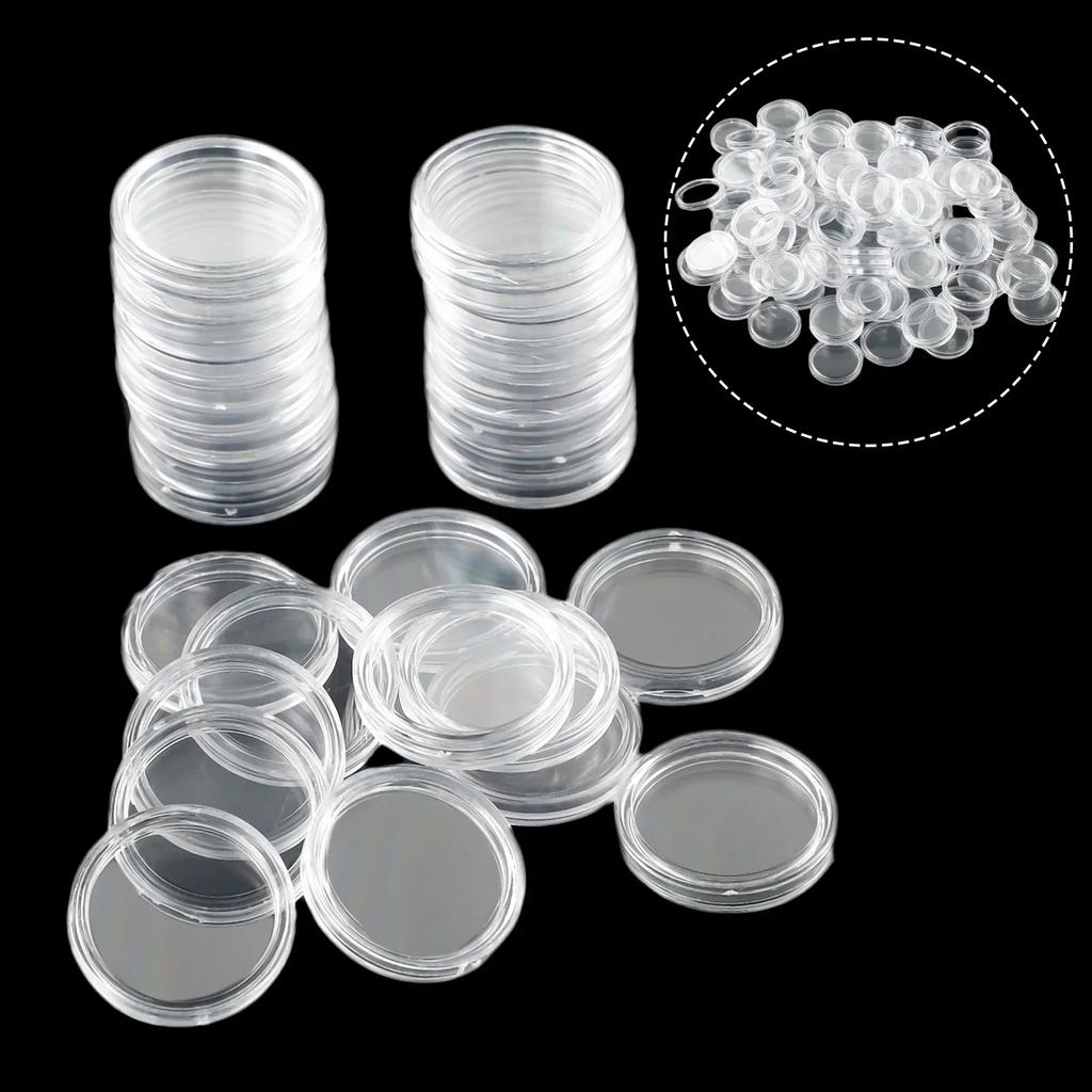 100 Stück 18/19/20/21/23/24/25/26/28/30mm Transparente Plastik-Münzkapseln Münzhalter Schutzhüllen Runde Transparente Münzkapseln