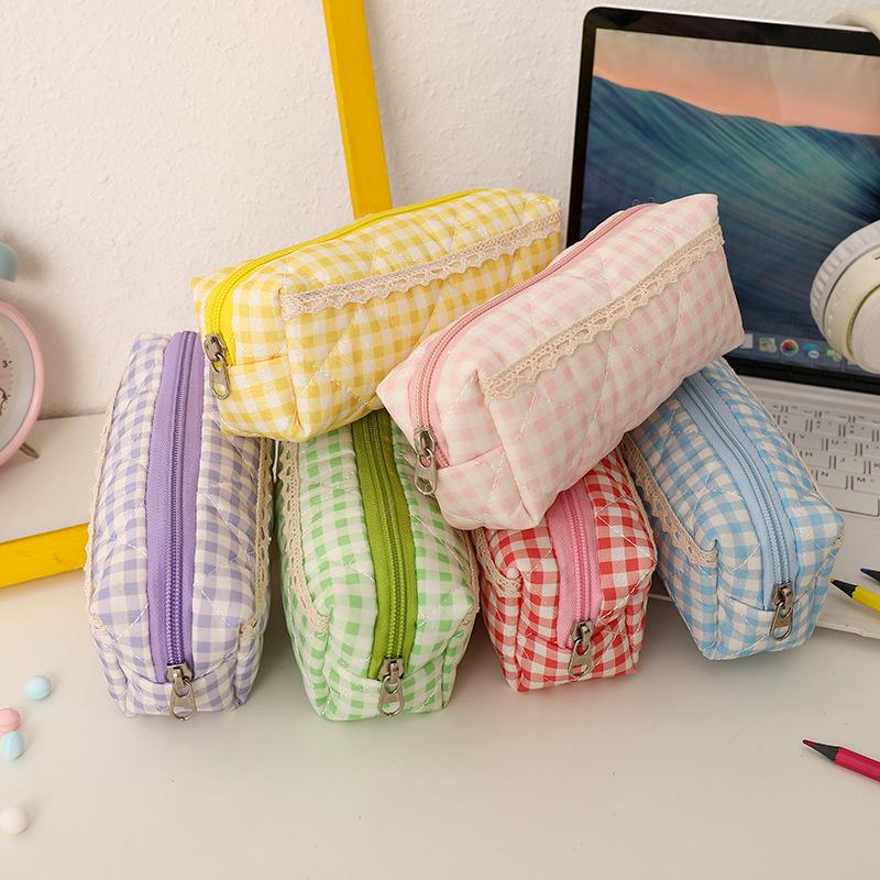 Large Capacity Pen Bag Sweet Plaid Lace Pencil Case Portable Student Stationery Storage Bag Girly Cosmetic Bag Gifts