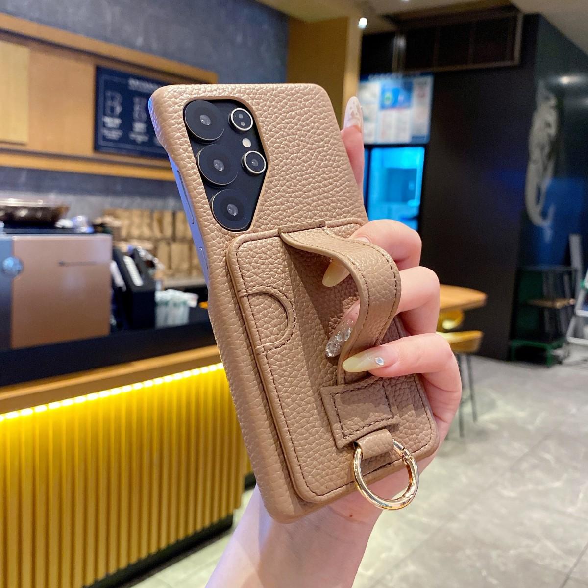 

Luxury Litchi Pattern PU Leather Wallet Case For Samsung Galaxy S25 S21 S23 S24 S20 Light Brown Card Holder Wrist Strap Cover for Galaxy S20