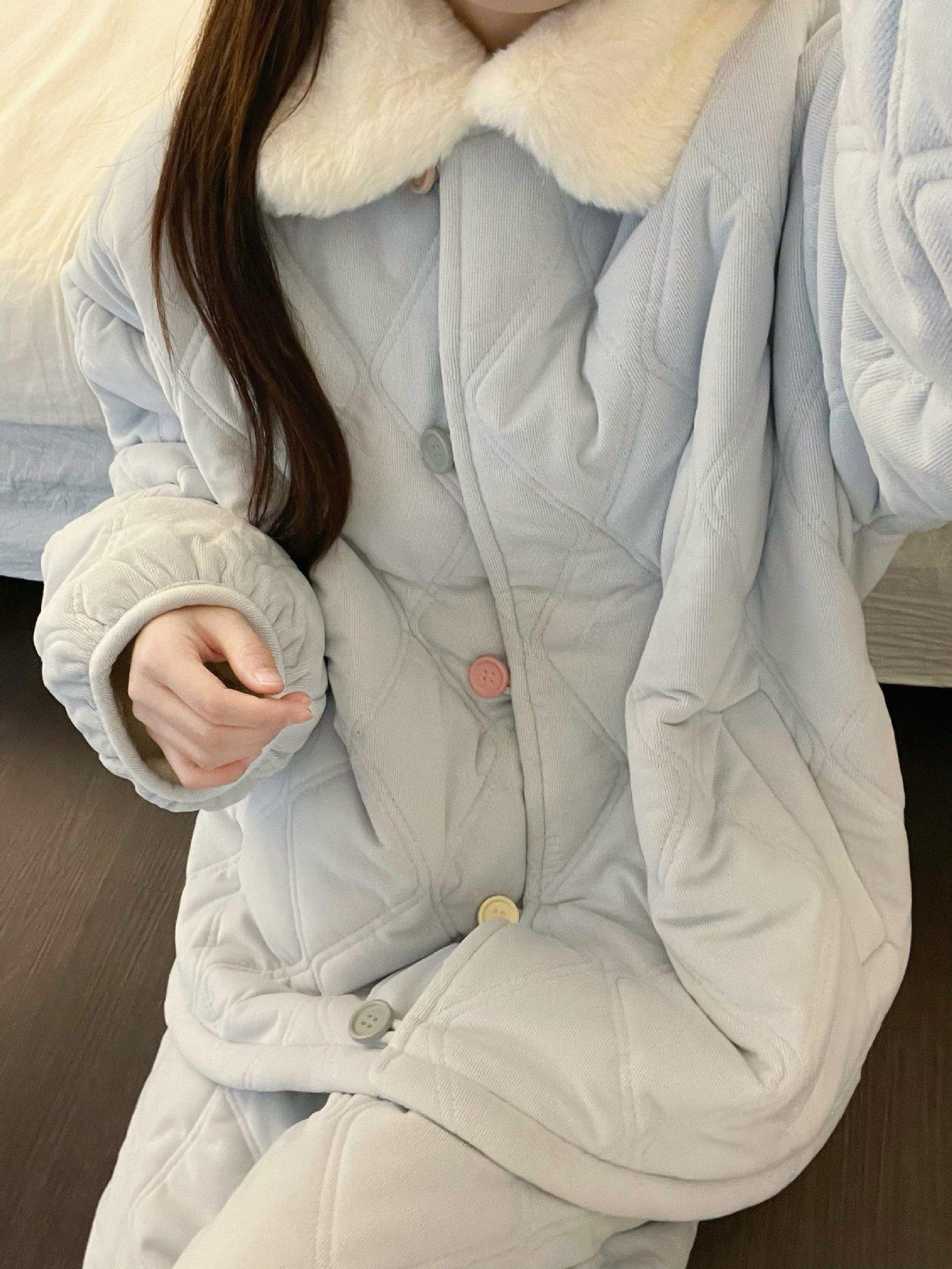 

Sweet wind Korean blue padded lapel pajamas winter new warm thickened long sleeves loose loungewear spot m (recommended 47.5~55kg )